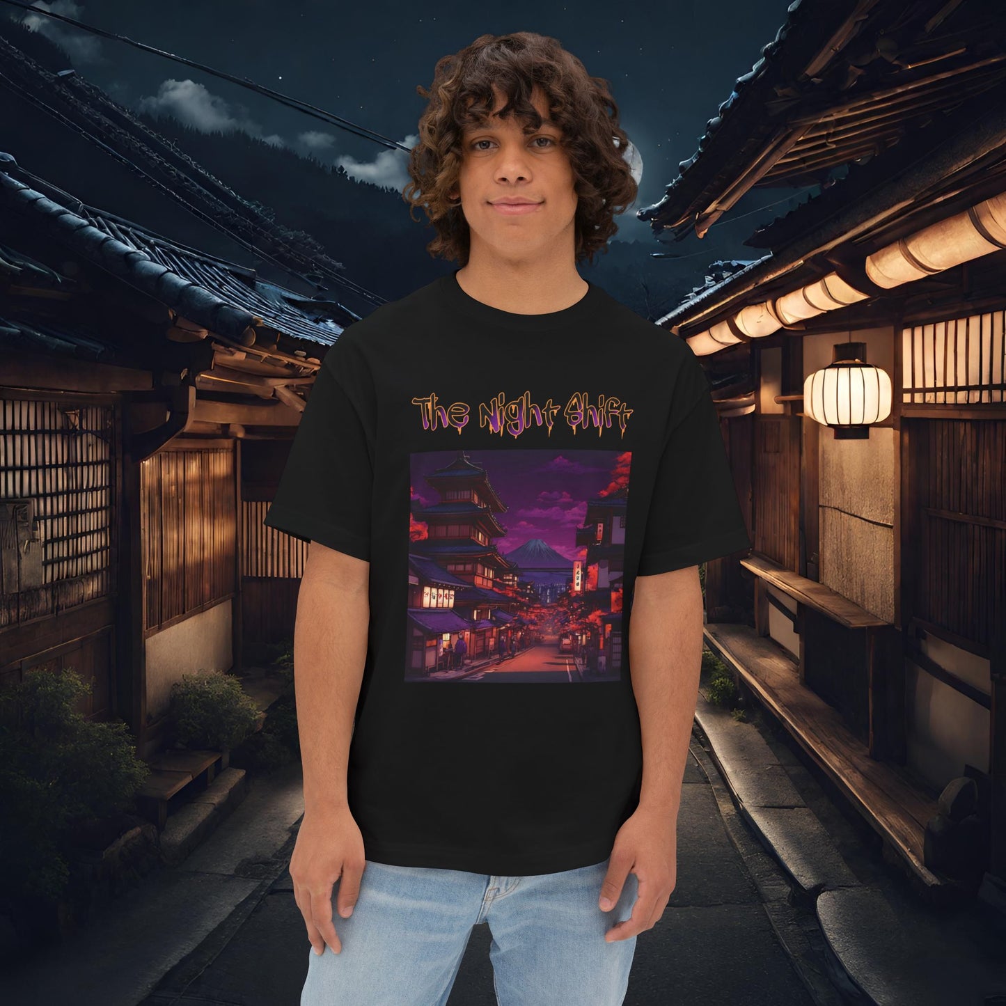 Volcanic Japanese Village-Premium, Ultra Soft Unisex Oversized Boxy Tee Black Printify by The Night Shift Automotive Apparel