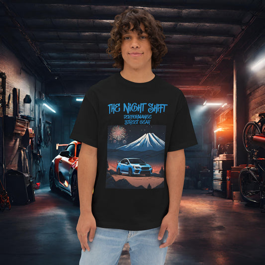 Subaru WRX/STI Fireworks In The Mountains-Premium, Ultra Soft Unisex Oversized Boxy Tee Black Printify by The Night Shift Automotive Apparel
