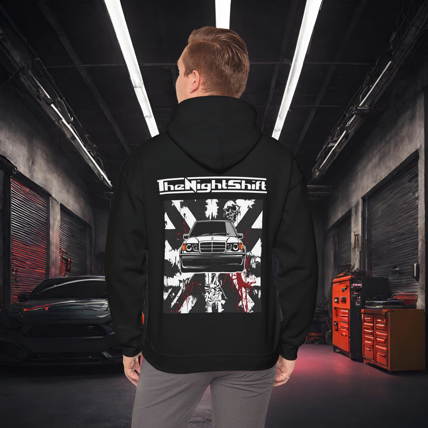 Mercedes Benz 190e Evo 2 AMG-Ultra Soft, Premium Hoodie Black Printify by The Night Shift Automotive Apparel