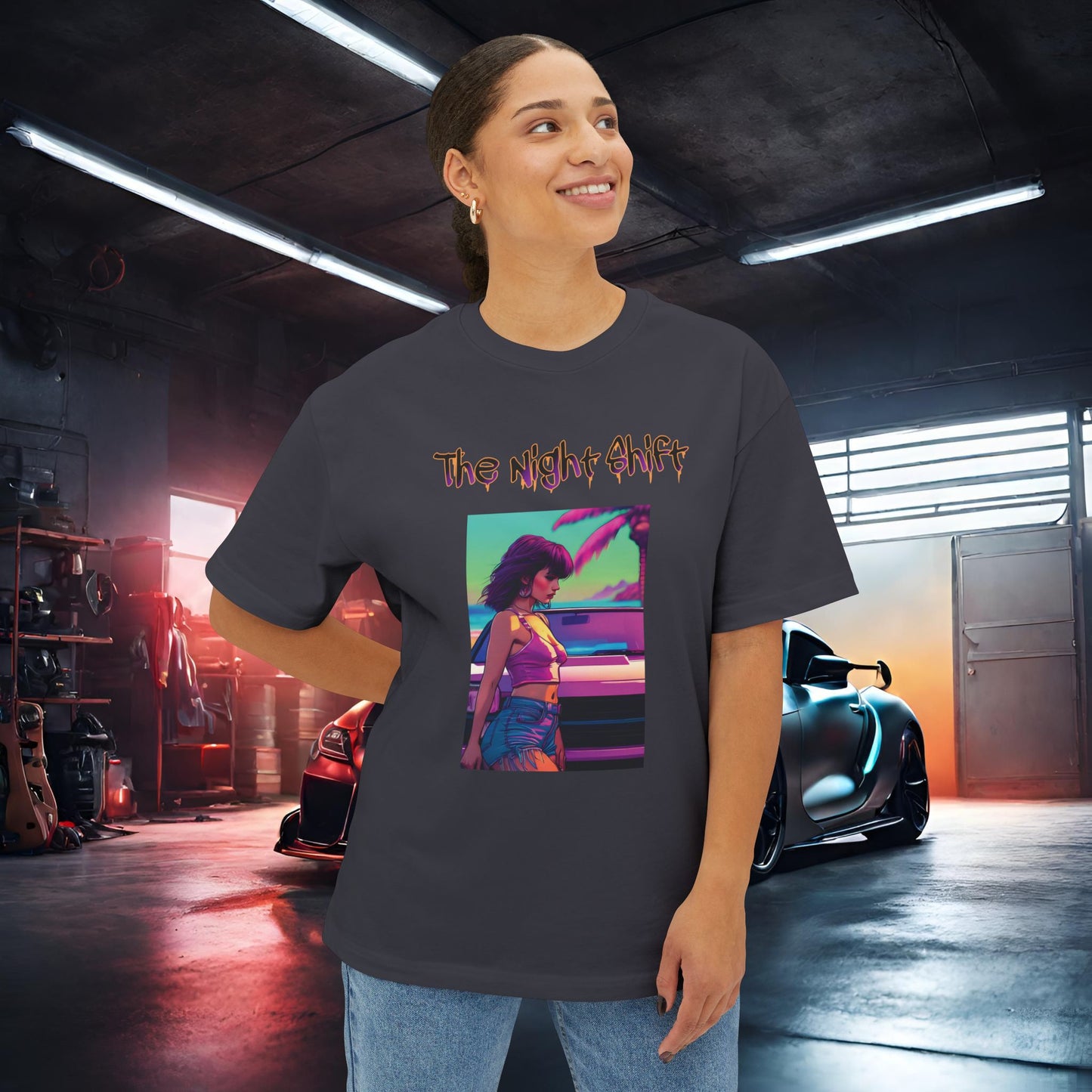 Summer Days Synthwave-Premium, Ultra Soft Unisex Oversized Boxy Tee Printify by The Night Shift Automotive Apparel
