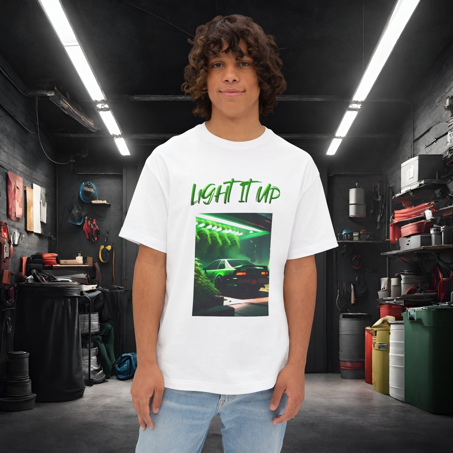 Light It Up-Premium, Ultra Soft Unisex Oversized Boxy Tee White Printify by The Night Shift Automotive Apparel