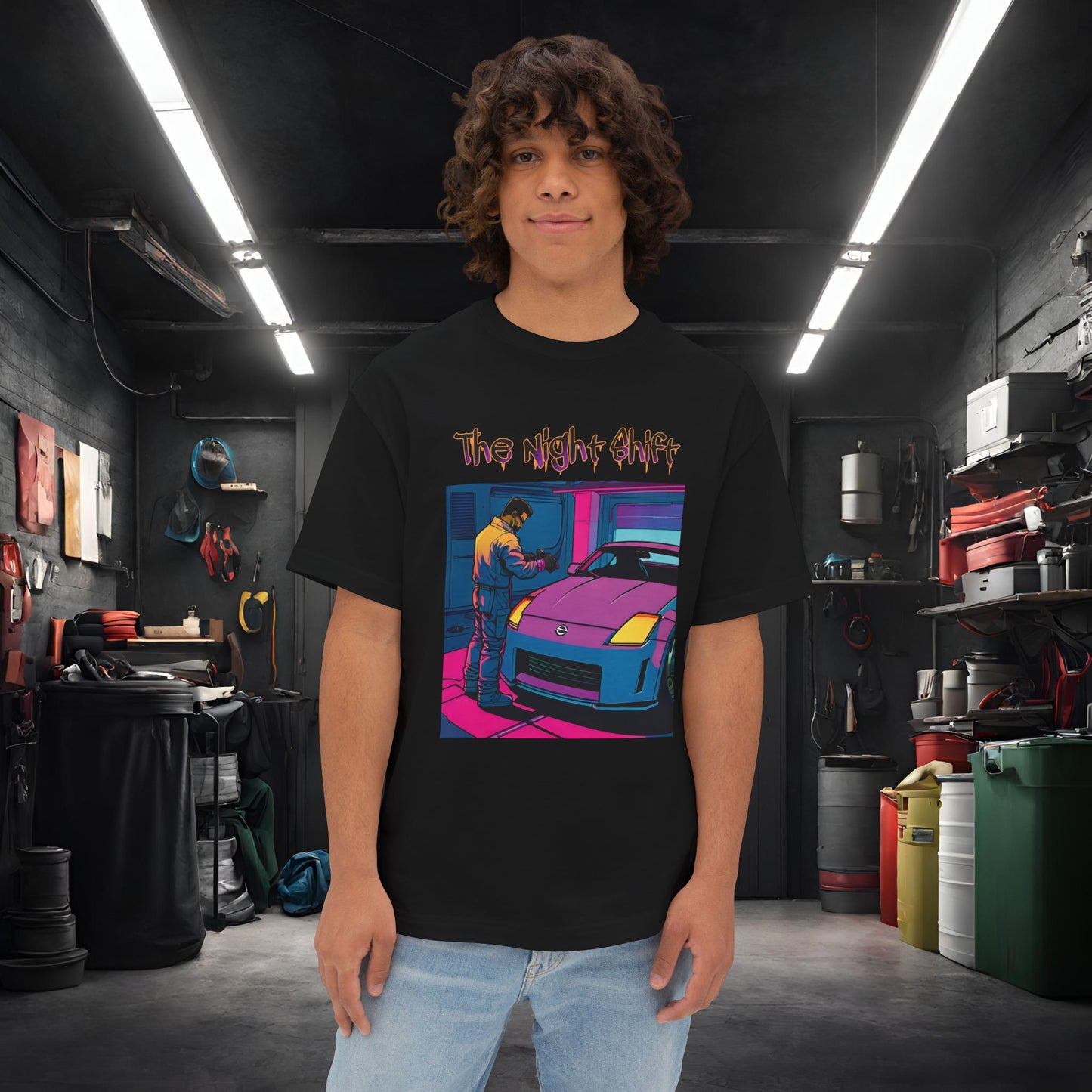 Nissan 350z Garage Queen Synthwave-Premium, Ultra Soft Unisex Oversized Boxy Tee Black Printify by The Night Shift Automotive Apparel