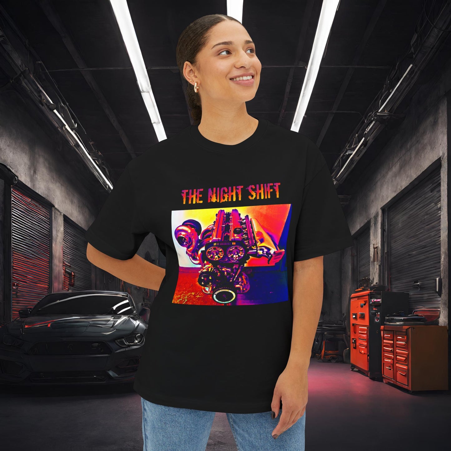 2JZ-GTE Single Turbo Synthwave-Premium, Ultra Soft Unisex Oversized Boxy Tee Printify by The Night Shift Automotive Apparel