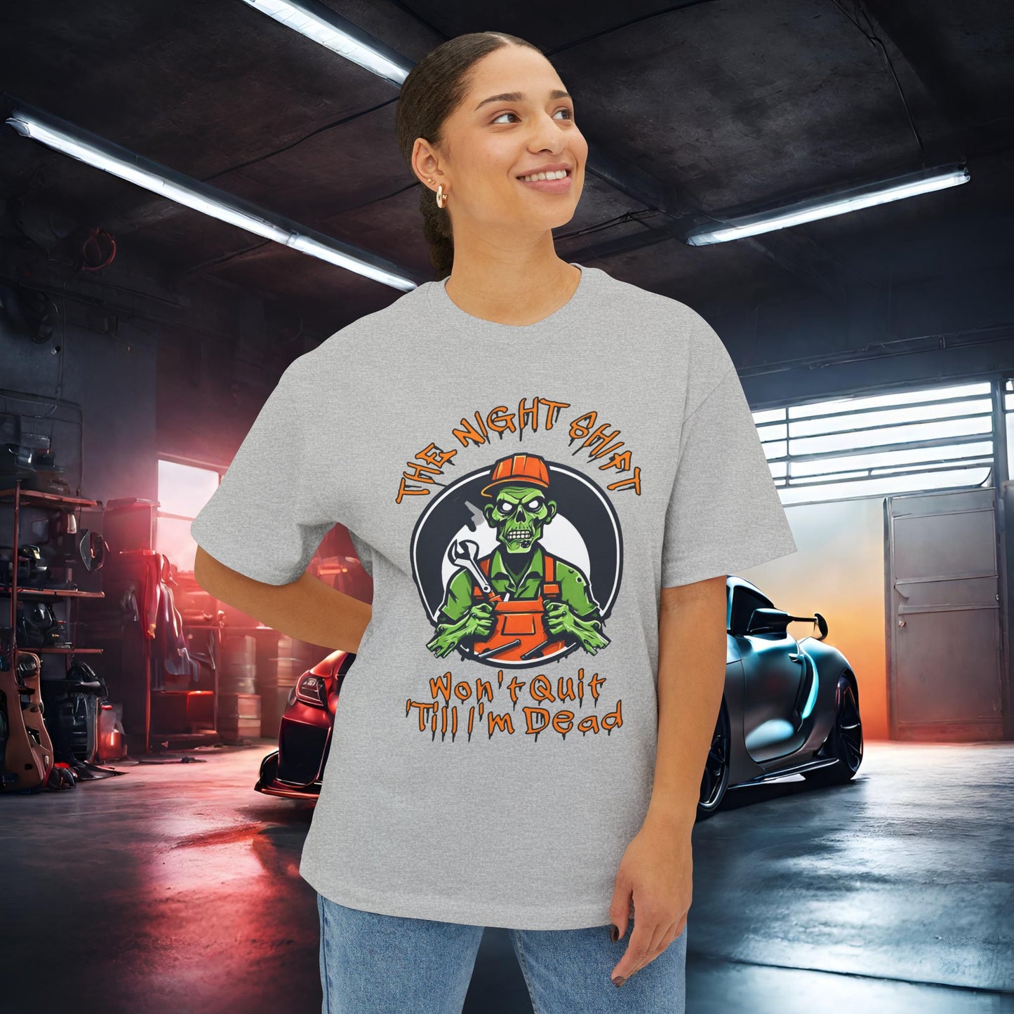 Zombie Mechanic-Premium, Ultra Soft Unisex Oversized Boxy Tee Printify by The Night Shift Automotive Apparel