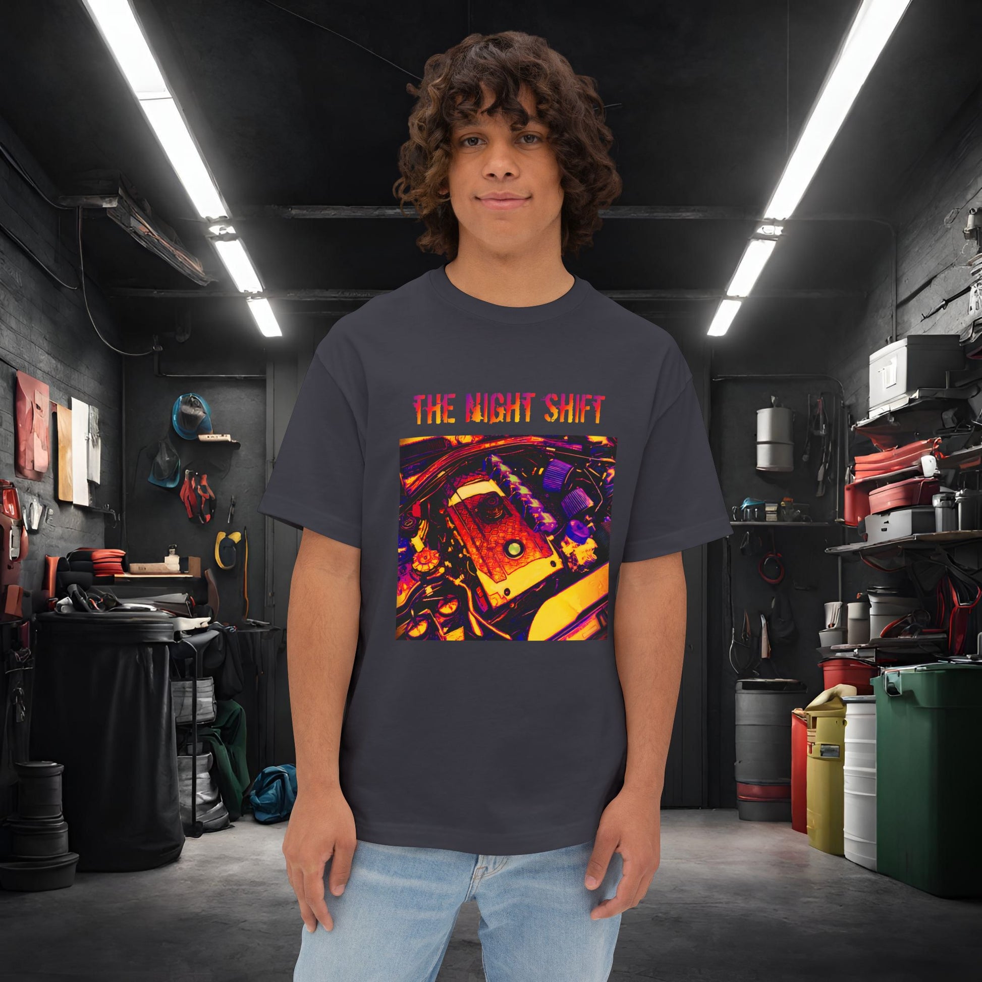 N54 Synthwave Unisex Oversized Boxy Tee Dark Grey Printify by The Night Shift Automotive Apparel