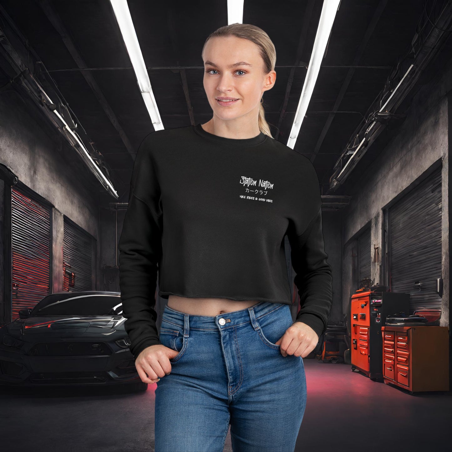 Station Nation-Ultra Soft, Premium Women's Crop Sweatshirt Printify by The Night Shift Automotive Apparel