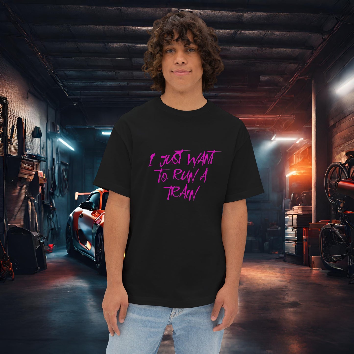 I Just Want To Run A Train-Premium, Ultra Soft Unisex Oversized Boxy Tee Black Printify by The Night Shift Automotive Apparel