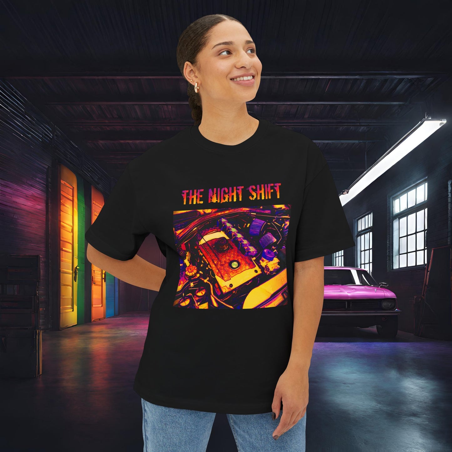 N54 Synthwave Unisex Oversized Boxy Tee Printify by The Night Shift Automotive Apparel