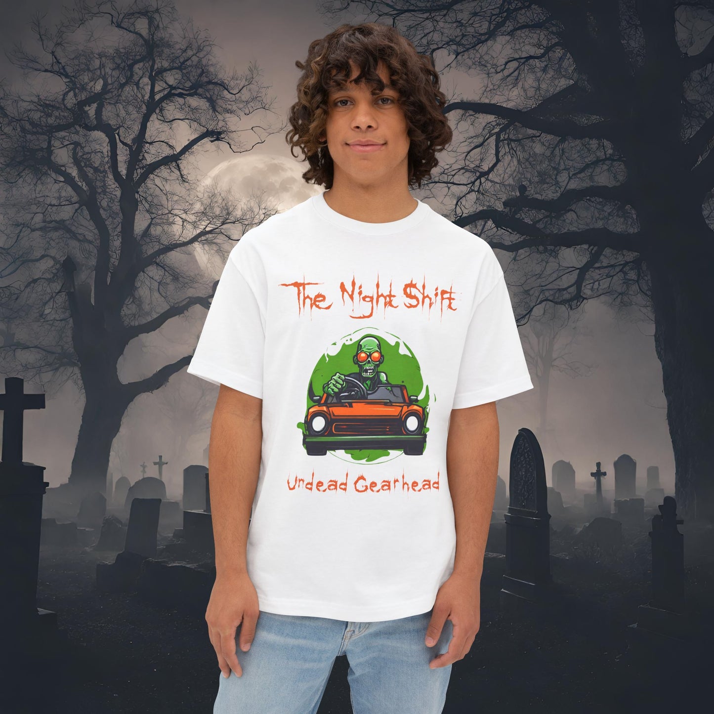 Undead Gearhead Zombie-Premium, Ultra Soft Unisex Oversized Boxy Tee White Printify by The Night Shift Automotive Apparel