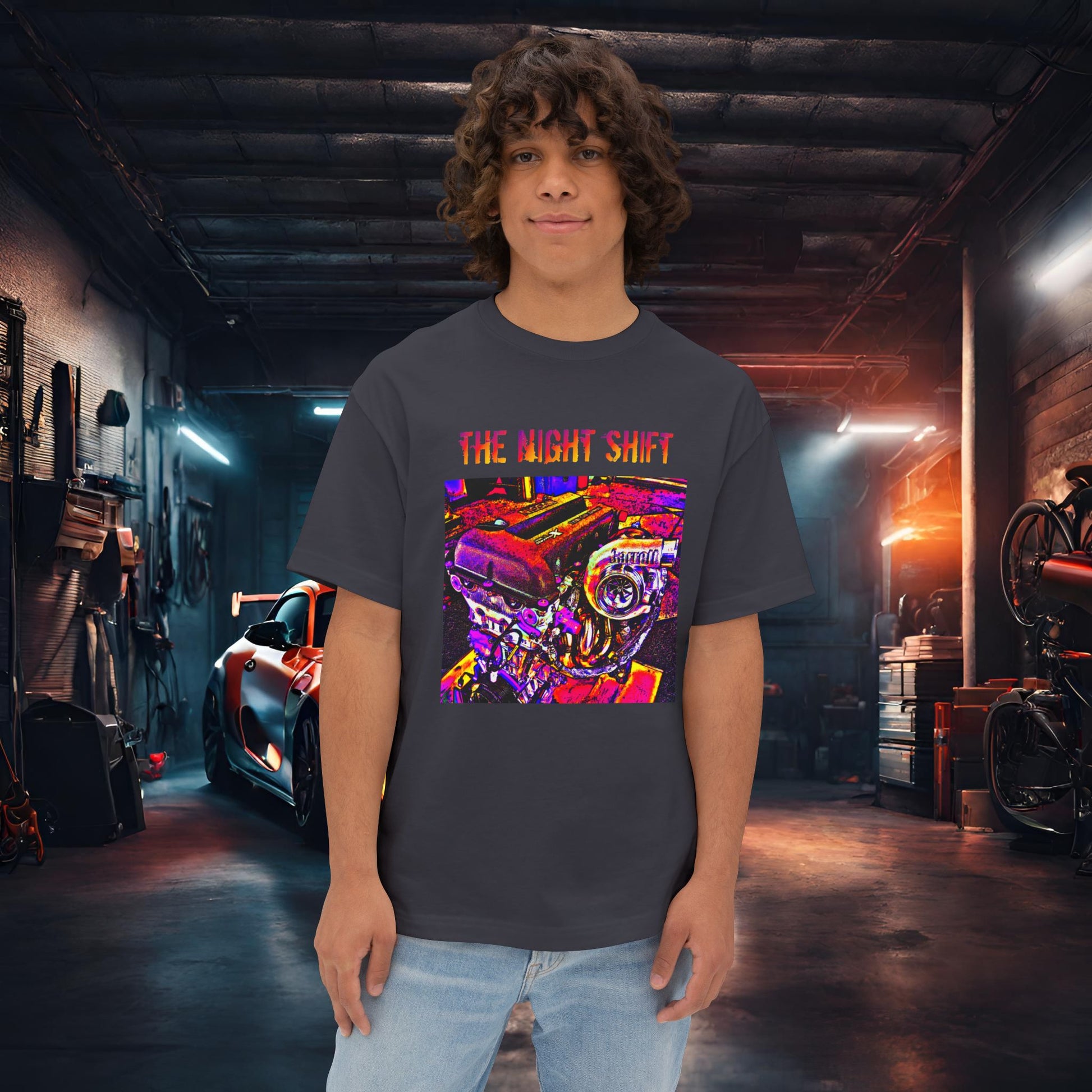 SR20DET Synthwave-Premium, Ultra Soft Unisex Oversized Boxy Tee Dark Grey Printify by The Night Shift Automotive Apparel
