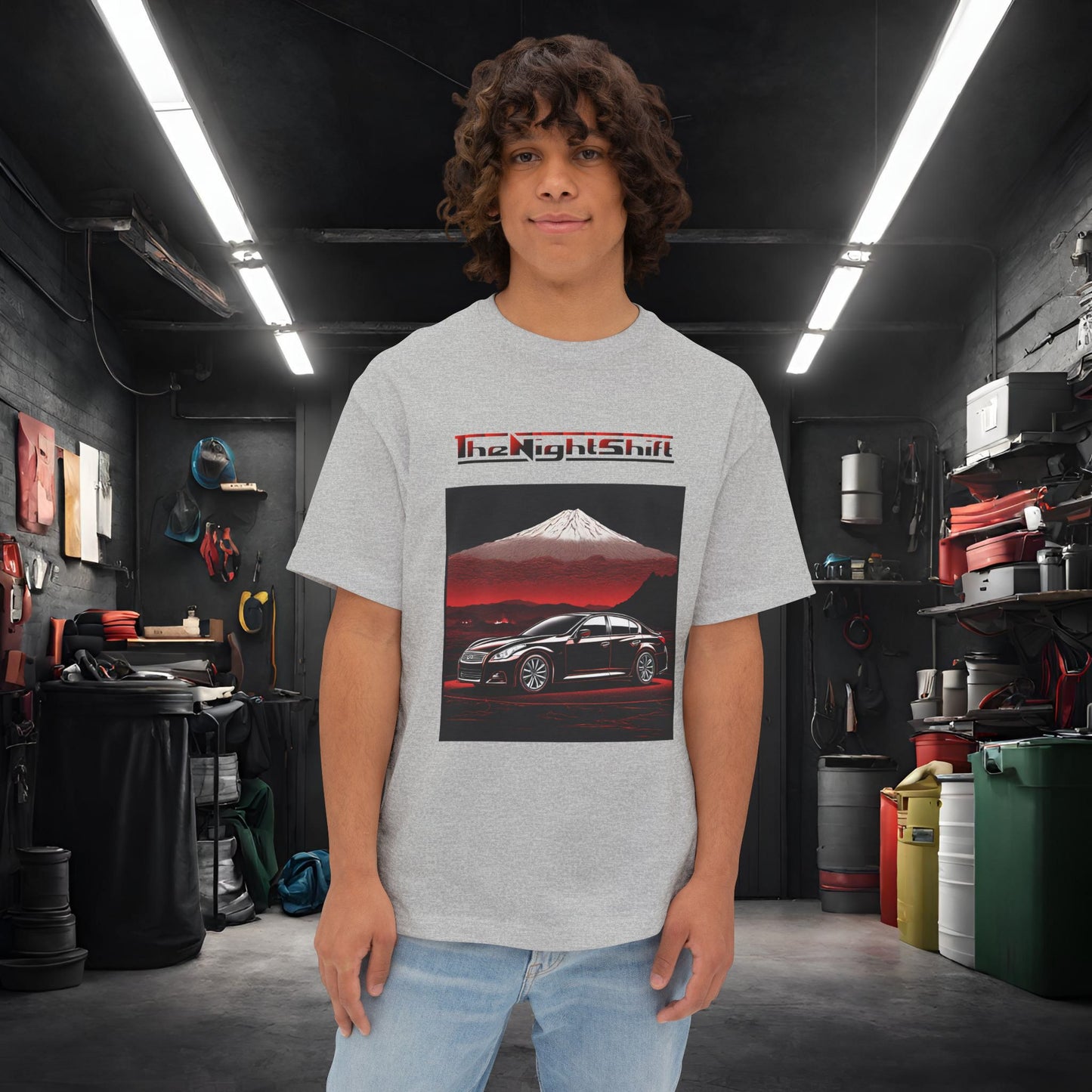 Infiniti G37 Sedan Mt Fuji-Premium, Ultra Soft, Unisex Oversized Boxy Tee Athletic Heather Printify by The Night Shift Automotive Apparel