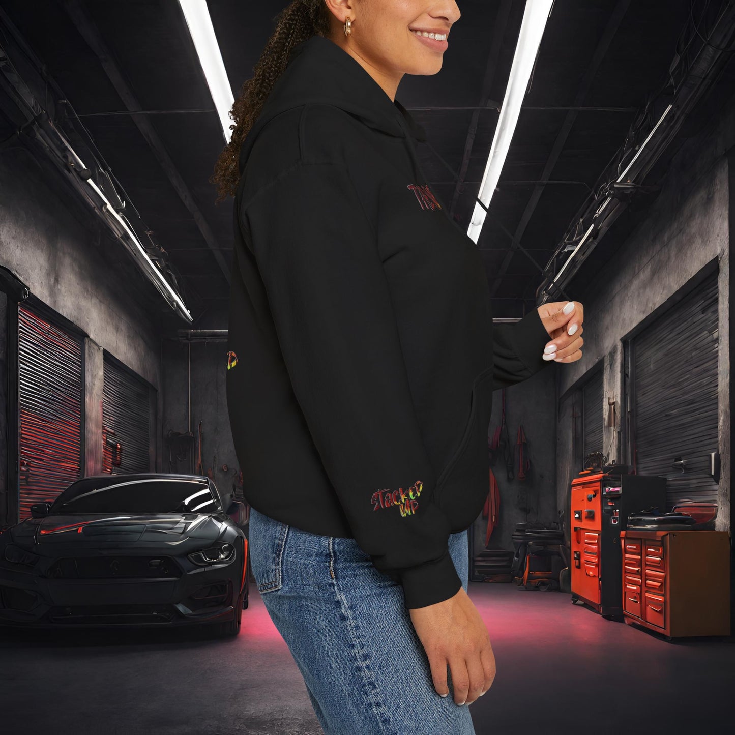 Stacked Up Track Tire Day Synthwave-Premium, Ultra Soft Unisex Hoodie Printify by The Night Shift Automotive Apparel
