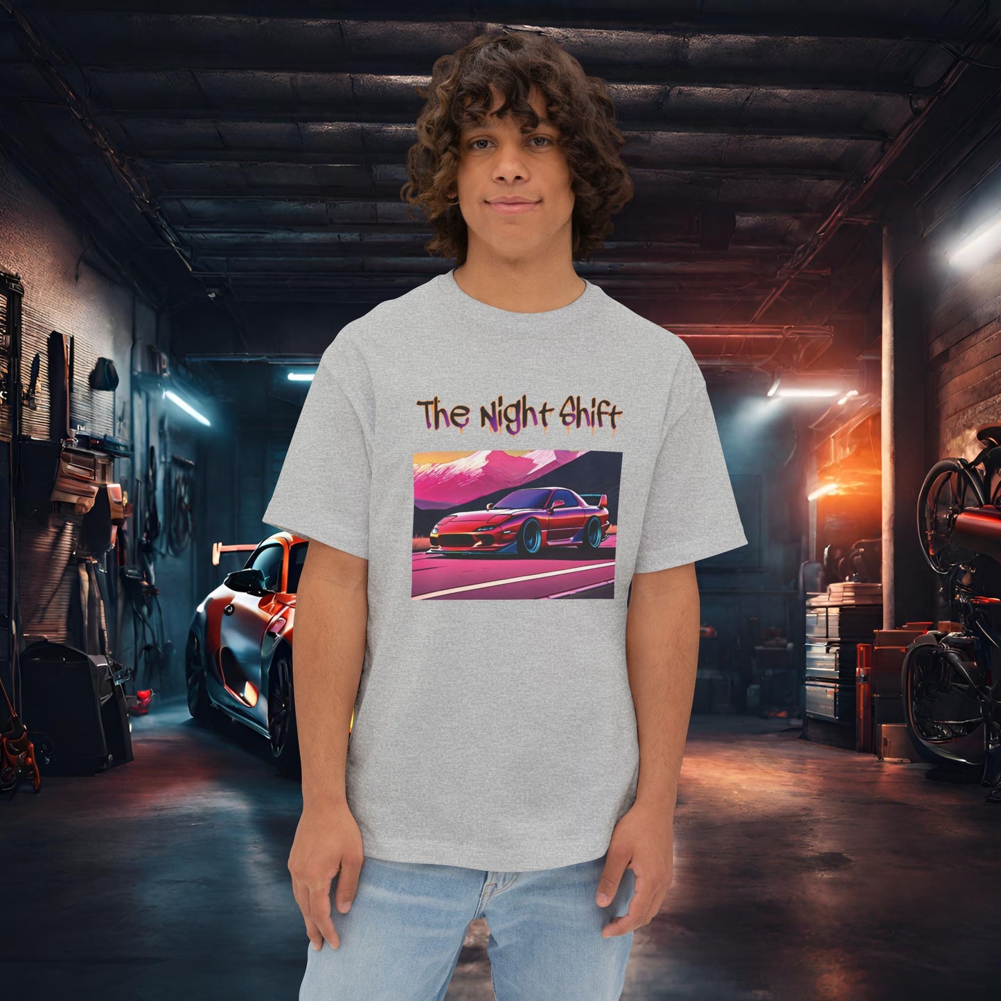 Mazda RX7 Synthwave-Premium, Ultra Soft Unisex Oversized Boxy Tee Athletic Heather Printify by The Night Shift Automotive Apparel