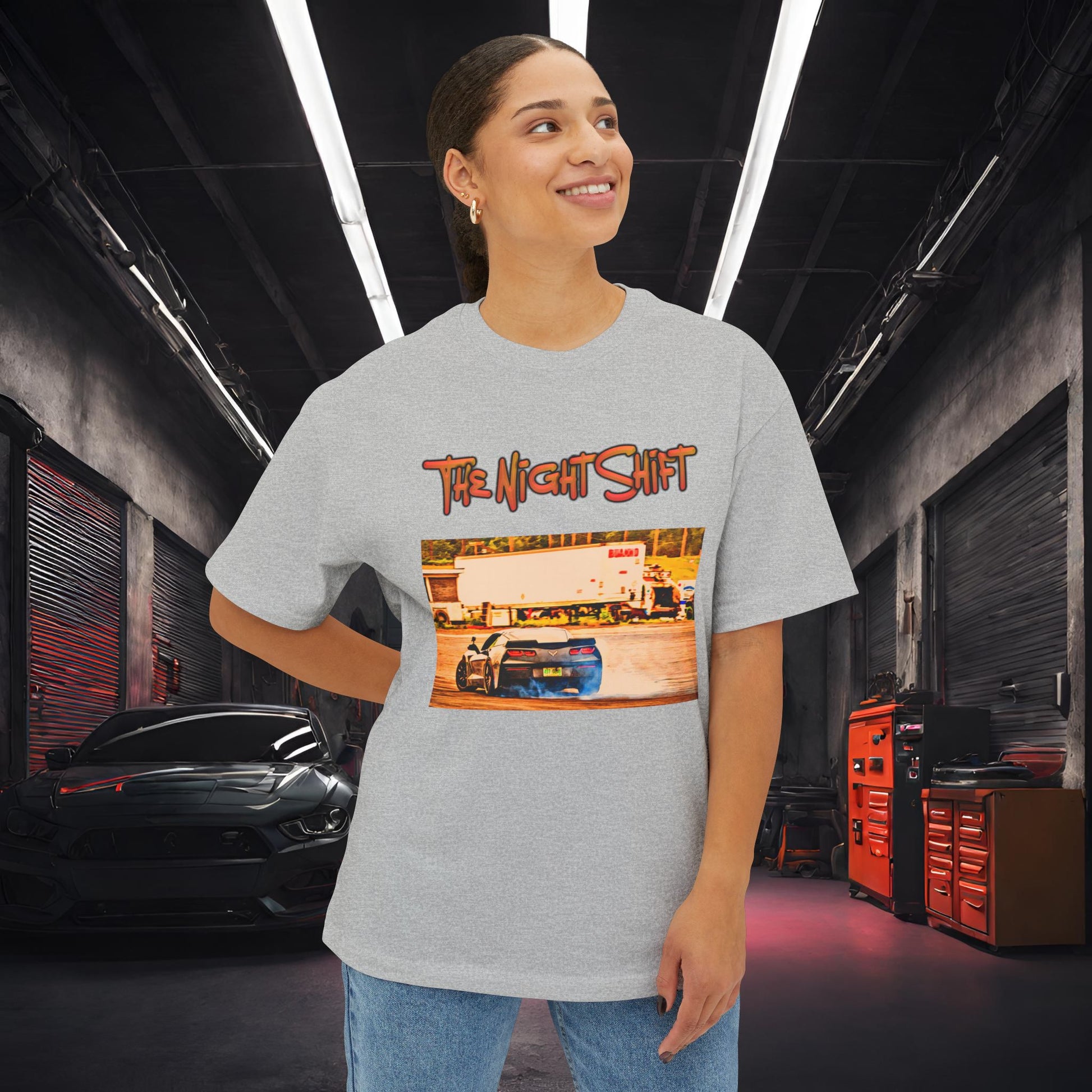 Chevy Corvette C7 Drifting Lebanon Valley-Premium, Ultra Soft Unisex Oversized Boxy Tee Printify by The Night Shift Automotive Apparel