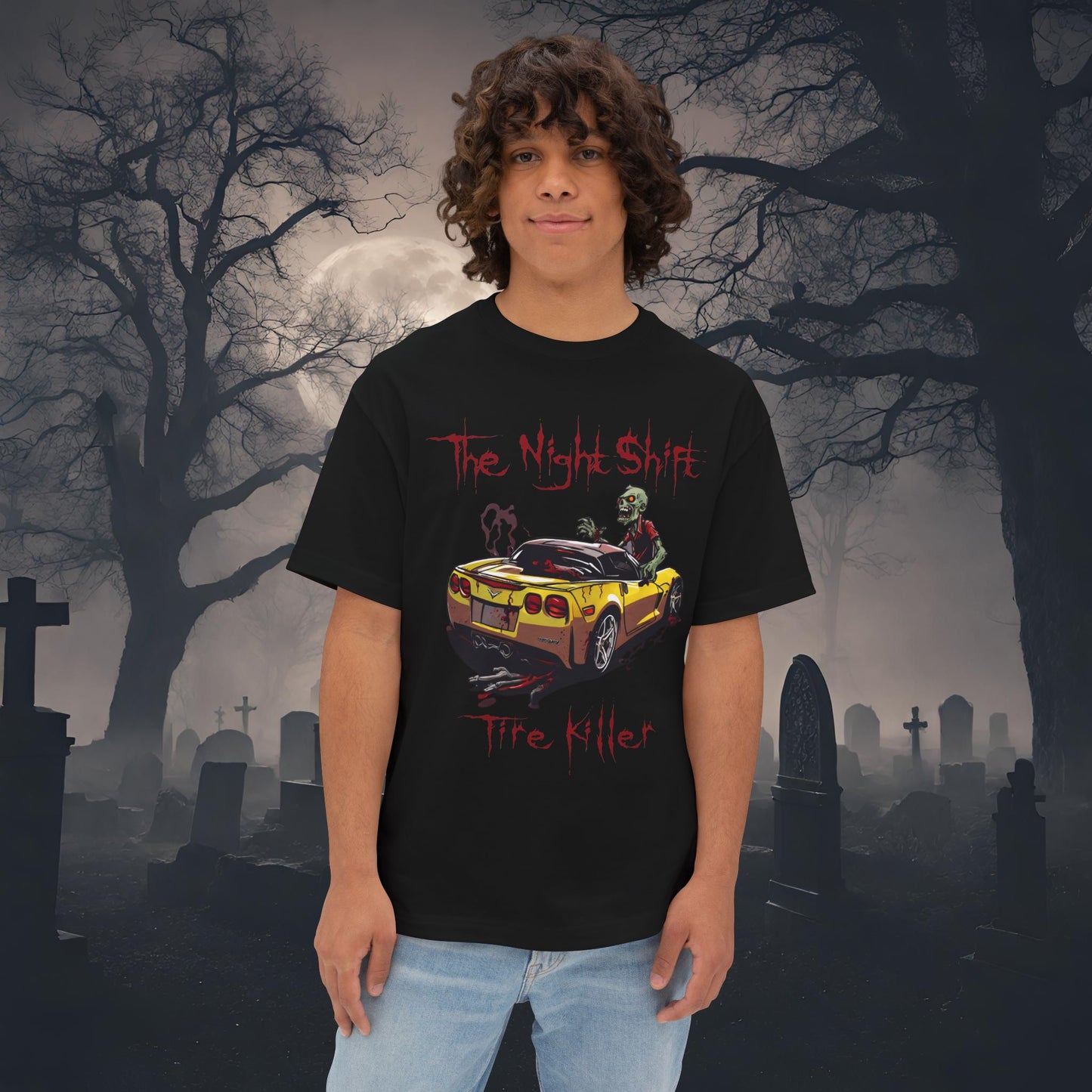 Tire Killer Zombie Corvette-Premium, Ultra Soft Unisex Oversized Boxy Tee Black Printify by The Night Shift Automotive Apparel