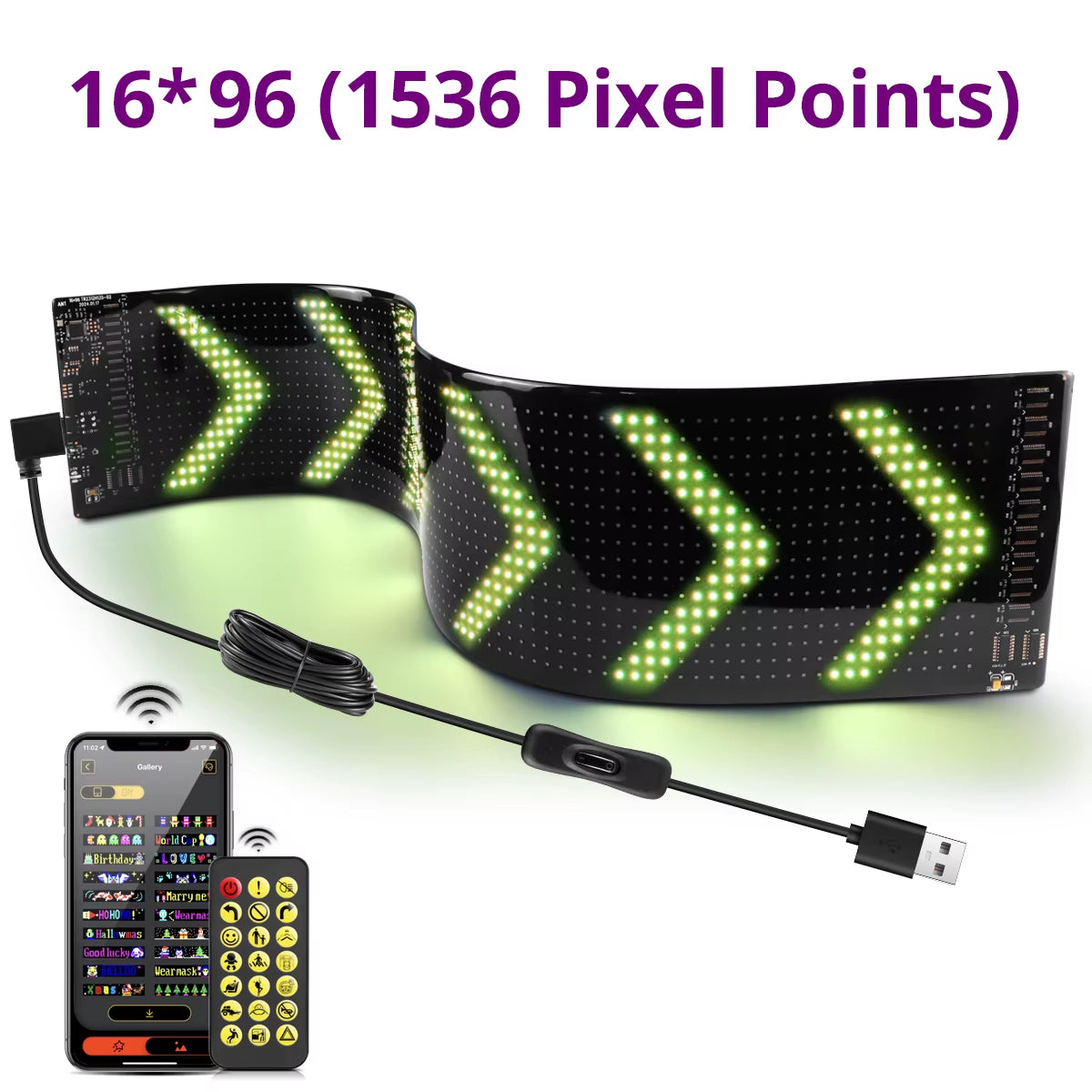 Customizable LED Bluetooth Stick On Matrix Pixel Panel Usb 5V 2A 16X96 Leds 12X60Cm The Night Shift Performance Street Gear by The Night Shift Automotive Apparel