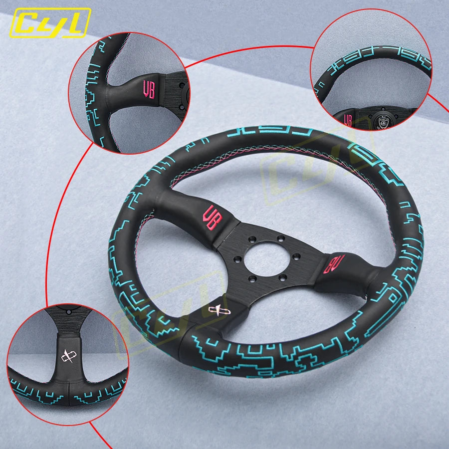VERTEX x Bowz 350mm Genuine Leather Embroidered Deep Dish Steering Wheels The Night Shift Performance Street Gear by The Night Shift Automotive Apparel
