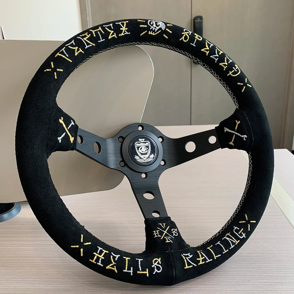 VERTEX SPEED Hells Racing 330mm Suede Embroidered Deep Dish Steering Wheels The Night Shift Performance Street Gear by The Night Shift Automotive Apparel
