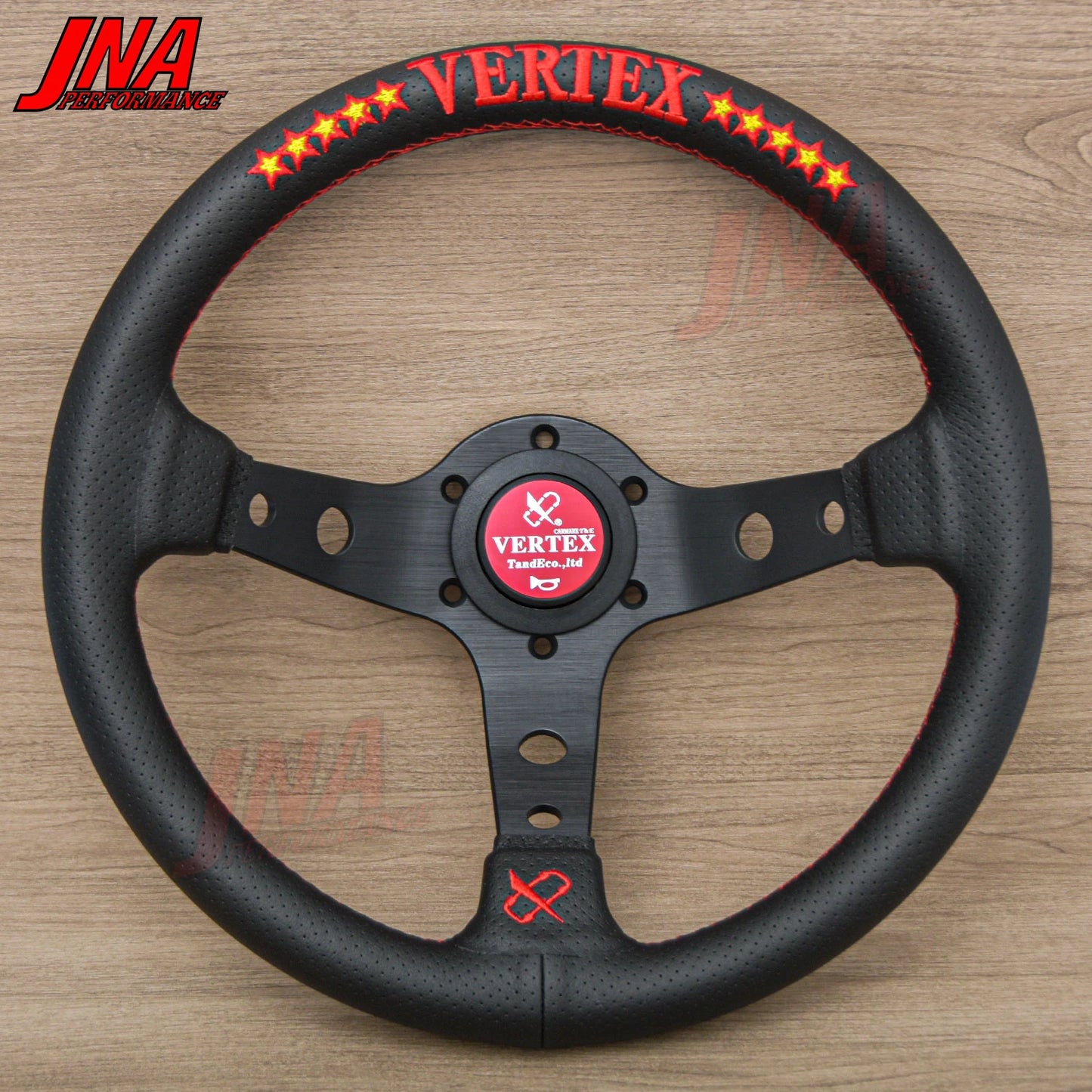 VERTEX 10 Star 320mm Genuine Leather Embroidered Deep Dish Steering Wheel Black Yellow The Night Shift Performance Street Gear by The Night Shift Automotive Apparel