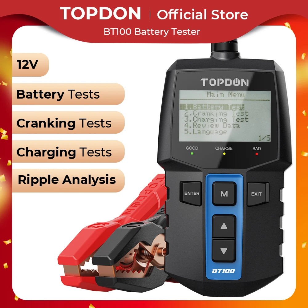 TOPDON BT100 12V Car Battery-Digital Automotive Diagnostic Battery Tester BT100 (175) The Night Shift Performance Street Gear by The Night Shift Automotive Apparel