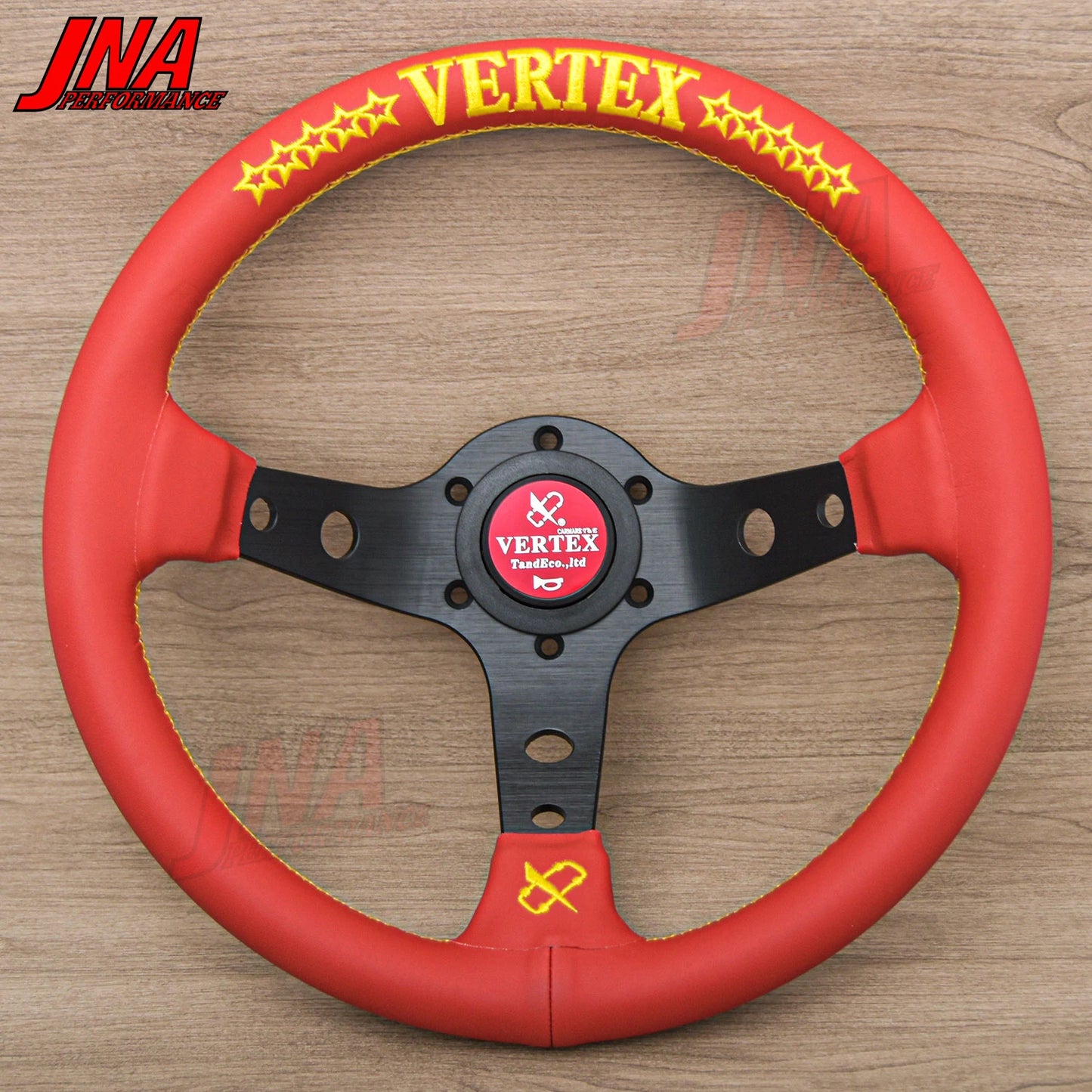 VERTEX 10 Star 320mm Genuine Leather Embroidered Deep Dish Steering Wheel Red Black The Night Shift Performance Street Gear by The Night Shift Automotive Apparel