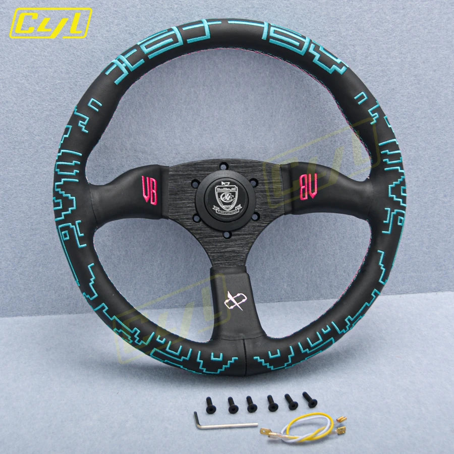 VERTEX x Bowz 350mm Genuine Leather Embroidered Deep Dish Steering Wheels The Night Shift Performance Street Gear by The Night Shift Automotive Apparel