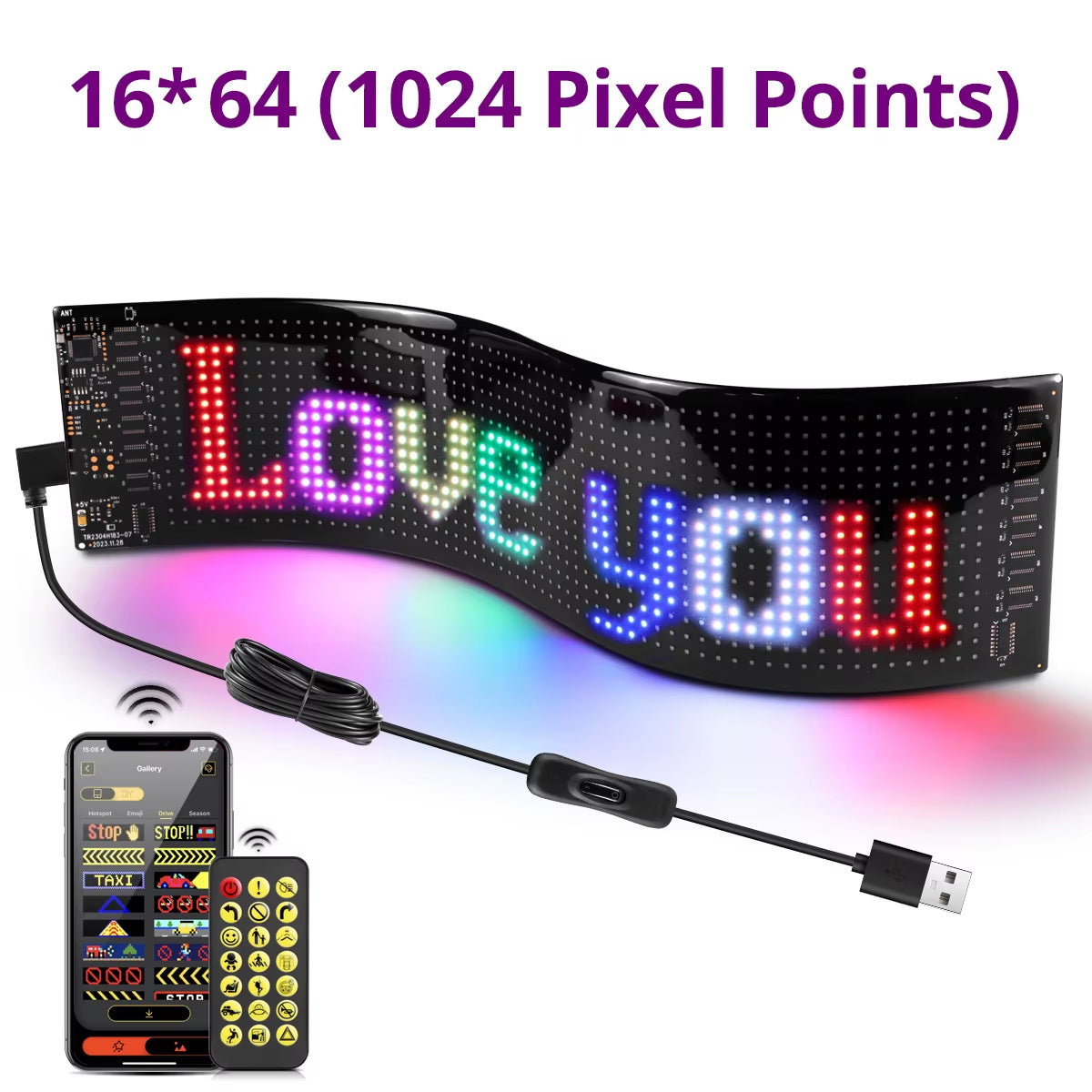 Customizable LED Bluetooth Stick On Matrix Pixel Panel Usb 5V 2A 16X64 Leds 9X37Cm The Night Shift Performance Street Gear by The Night Shift Automotive Apparel