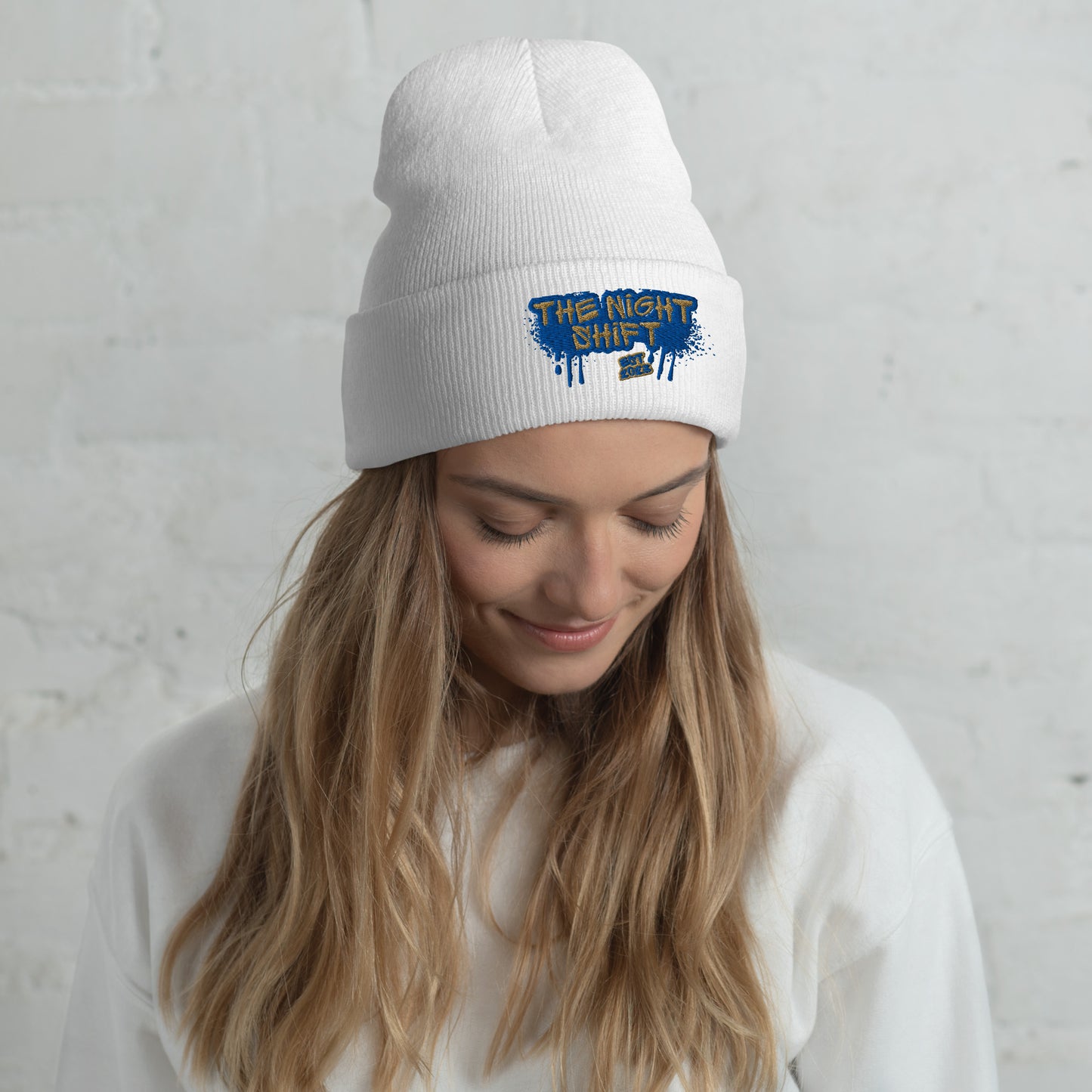 The Night Shift-Embroidered Cuffed Beanie White The Night Shift Performance Street Gear by The Night Shift Automotive Apparel