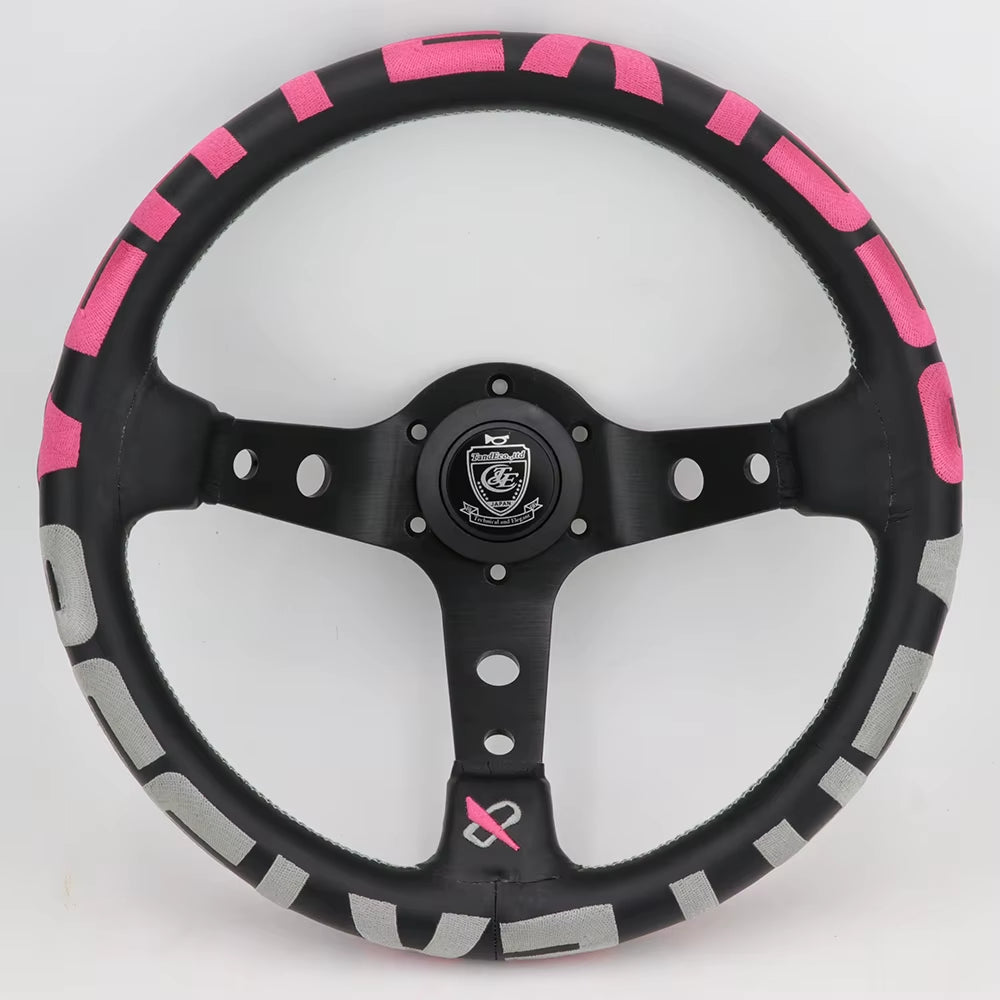VERTEX 1996 325mm Genuine Leather Embroidered Deep Dish Steering Wheels Black Pink The Night Shift Performance Street Gear by The Night Shift Automotive Apparel
