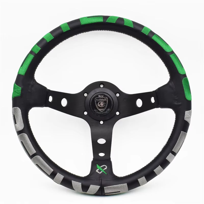 VERTEX 1996 325mm Genuine Leather Embroidered Deep Dish Steering Wheels Black Green The Night Shift Performance Street Gear by The Night Shift Automotive Apparel