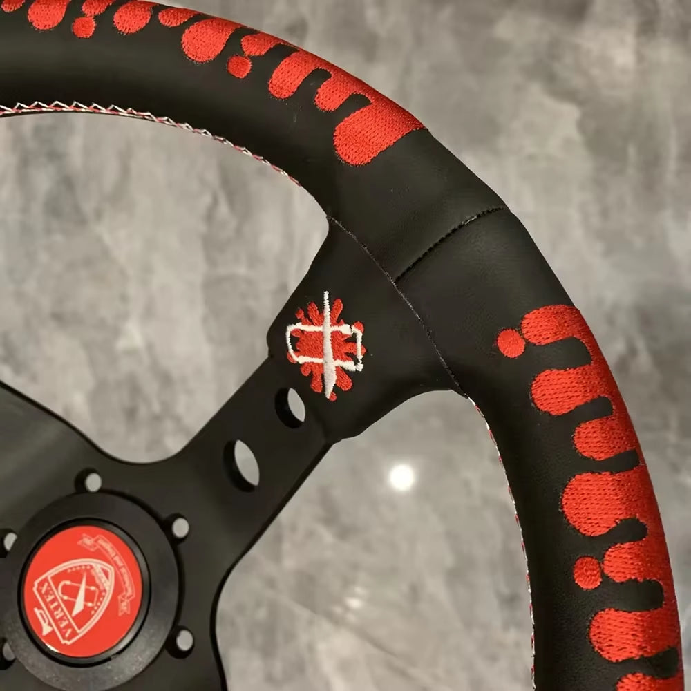 VERTEX Bloody 330mm Genuine Leather Embroidered Deep Dish Steering Wheel The Night Shift Performance Street Gear by The Night Shift Automotive Apparel