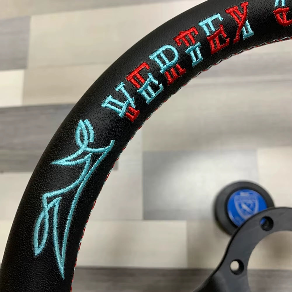VERTEX CUSTOM Hells Racing 330mm Genuine Leather Embroidered Deep Dish Steering Wheel The Night Shift Performance Street Gear by The Night Shift Automotive Apparel