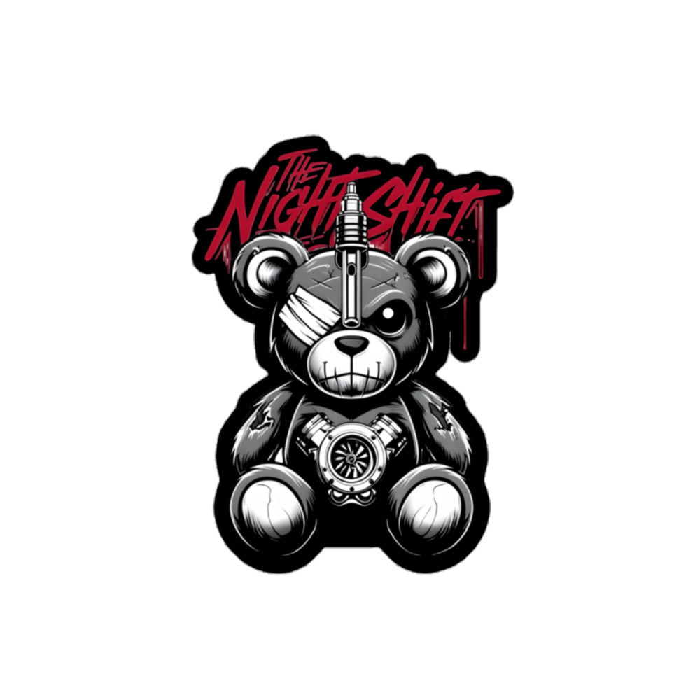 The Night Shift Tattered Teddy Kiss Cut Sticker 4″×4″ The Night Shift Performance Street Gear by The Night Shift Automotive Apparel