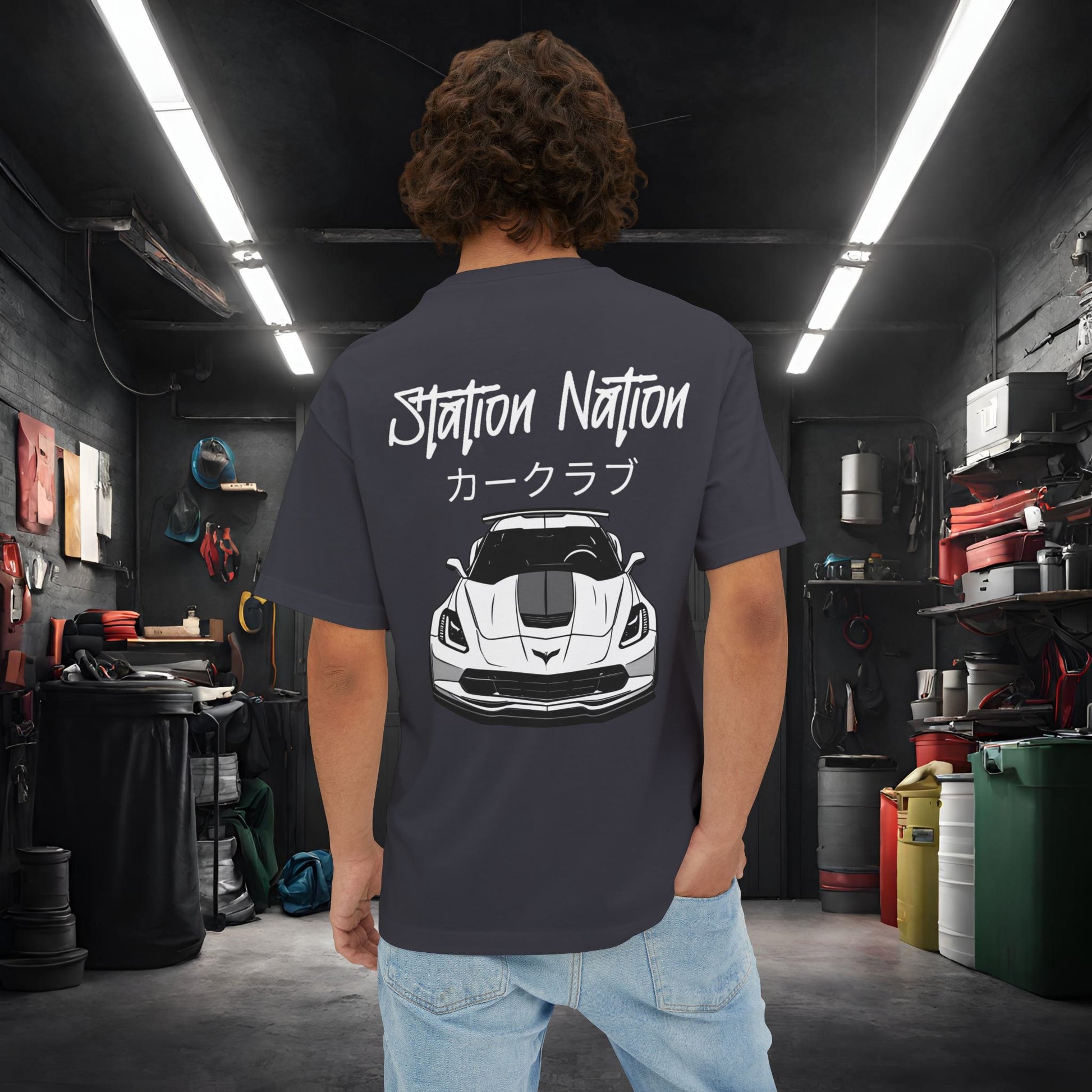 Station Nation-Premium, Ultra Soft Unisex Oversized Boxy Tee Dark Grey Printify by The Night Shift Automotive Apparel