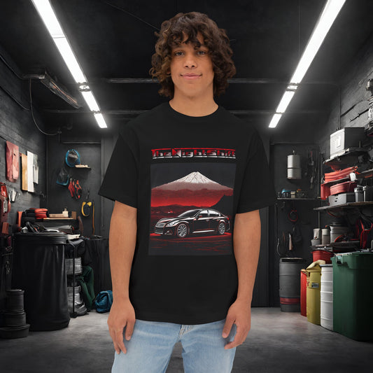 Infiniti G37 Sedan Mt Fuji-Premium, Ultra Soft, Unisex Oversized Boxy Tee Black Printify by The Night Shift Automotive Apparel