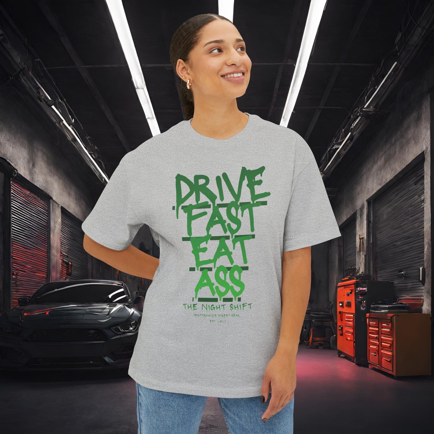Drive Fast, Eat Ass-Premium, Ultra Soft Unisex Oversized Boxy Tee Printify by The Night Shift Automotive Apparel