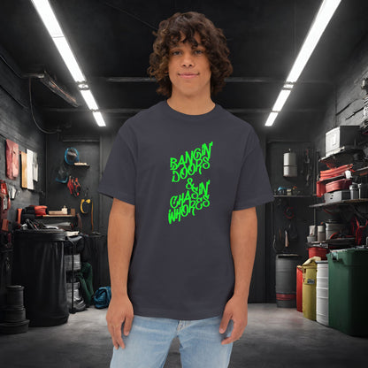 Bangin' Doors & Chasin' Whores-Premium, Ultra Soft Unisex Oversized Boxy Tee Dark Grey Printify by The Night Shift Automotive Apparel