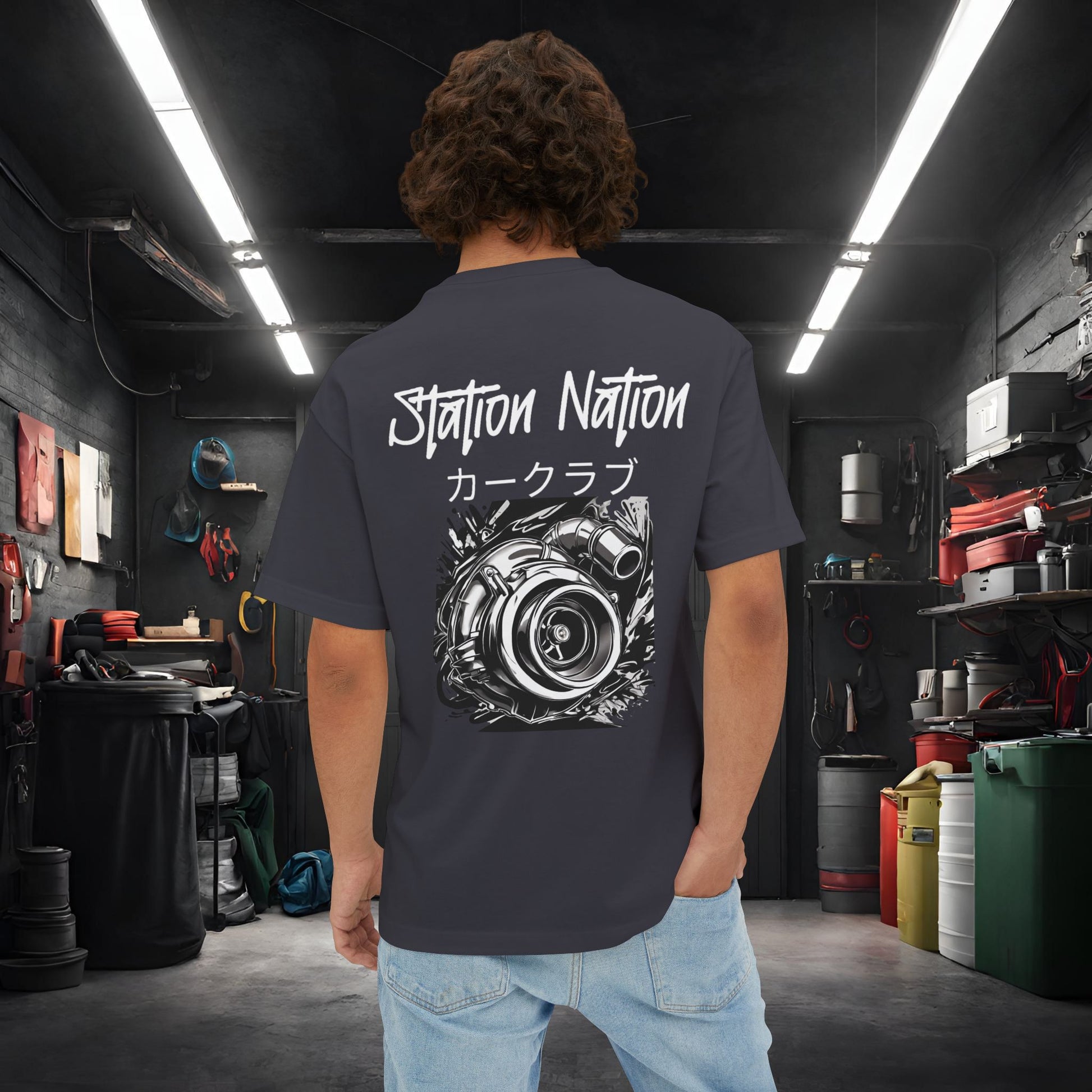 Station Nation-Premium, Ultra Soft Unisex Oversized Boxy Tee Dark Grey Printify by The Night Shift Automotive Apparel