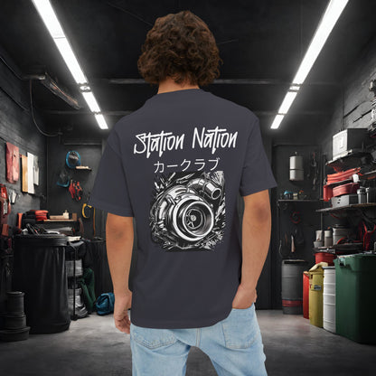 Station Nation-Premium, Ultra Soft Unisex Oversized Boxy Tee Dark Grey Printify by The Night Shift Automotive Apparel