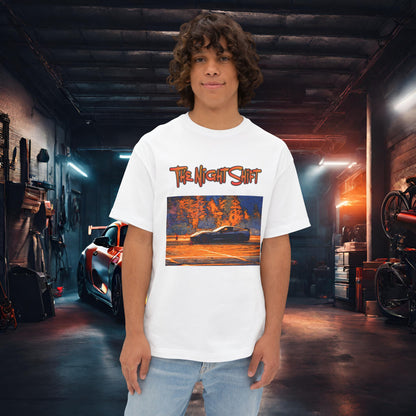 Chevy Corvette C7 Drifting Nedco NHMS-Premium, Ultra Soft Unisex Oversized Boxy Tee White Printify by The Night Shift Automotive Apparel