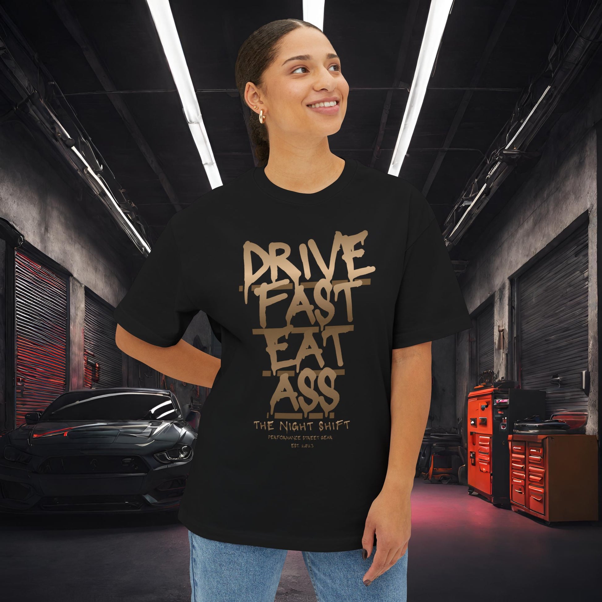 Drive Fast, Eat Ass-Premium, Ultra Soft Unisex Oversized Boxy Tee Printify by The Night Shift Automotive Apparel