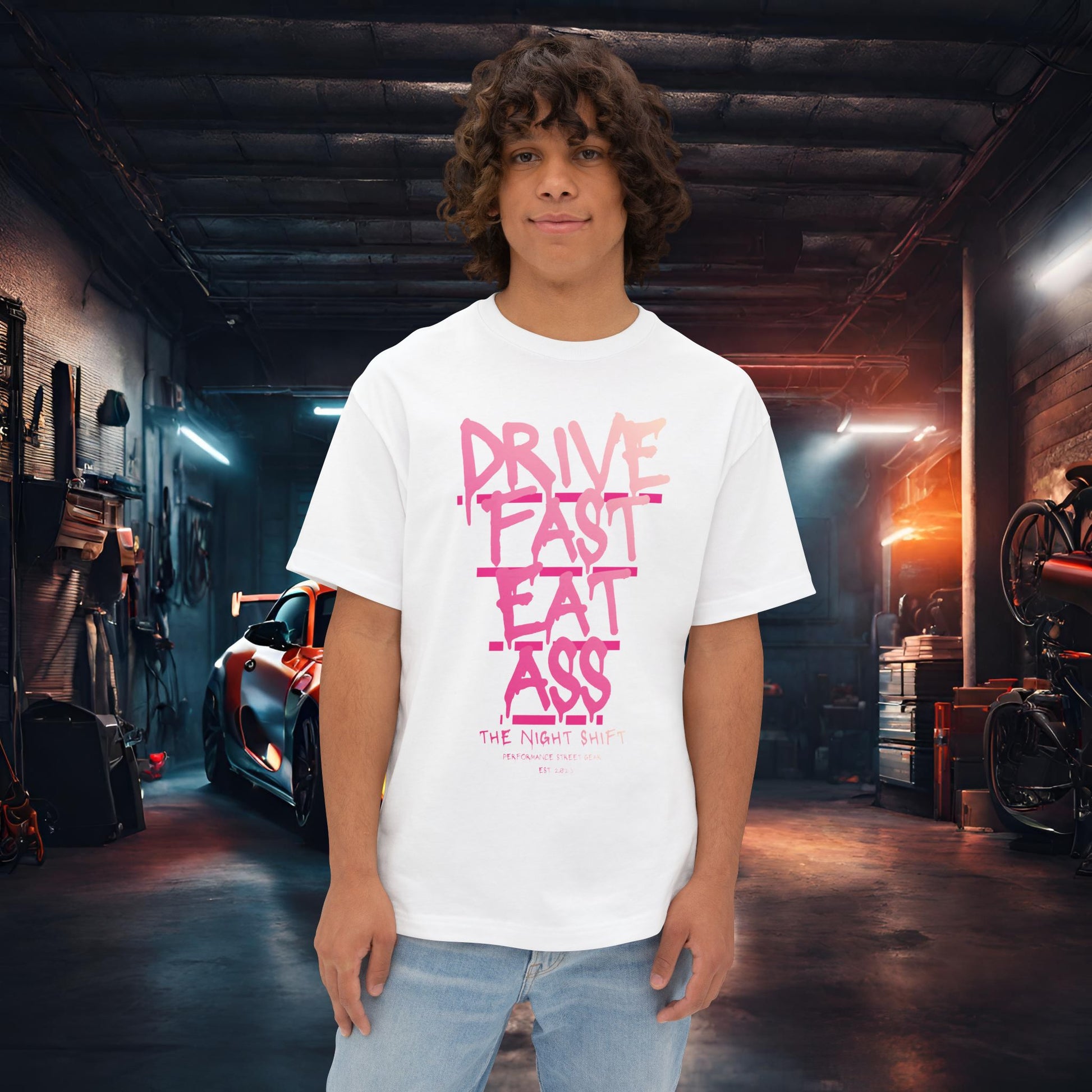 Drive Fast, Eat Ass-Premium, Ultra Soft Unisex Oversized Boxy Tee White Printify by The Night Shift Automotive Apparel