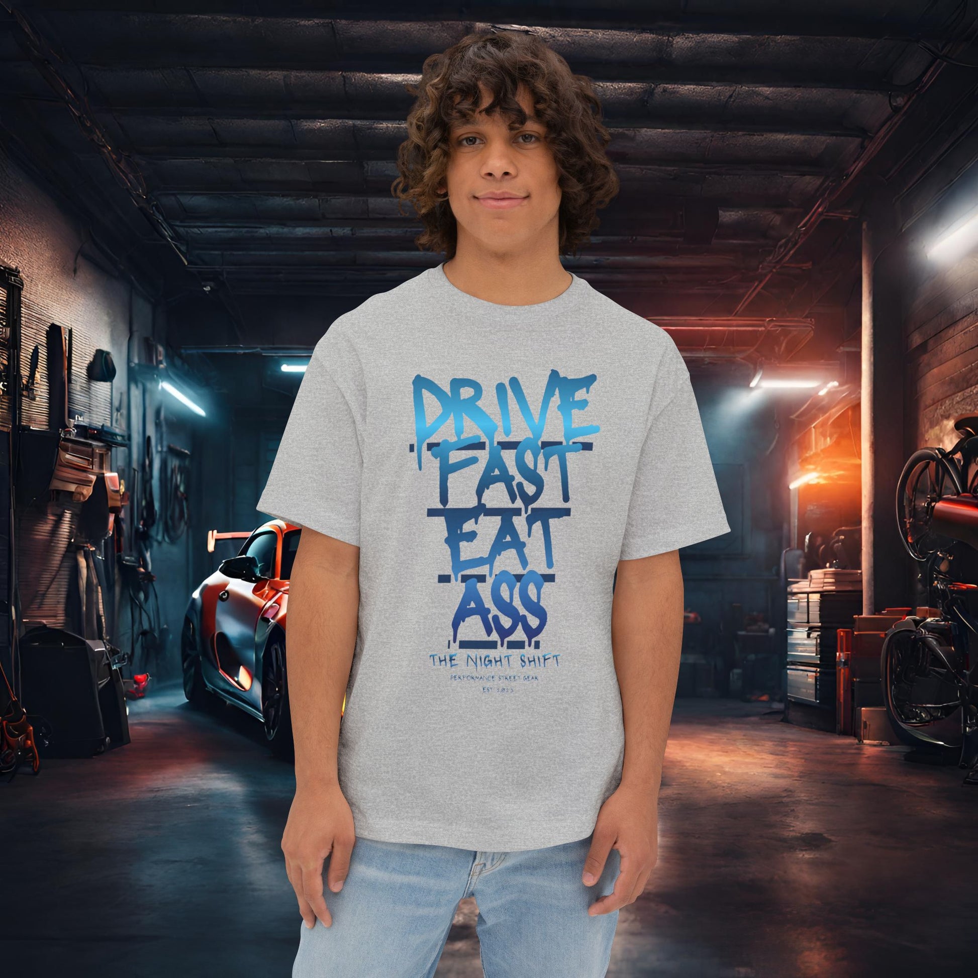 Drive Fast, Eat Ass-Premium, Ultra Soft Unisex Oversized Boxy Tee Athletic Heather Printify by The Night Shift Automotive Apparel