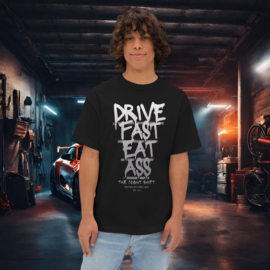Drive Fast, Eat Ass-Premium, Ultra Soft Unisex Oversized Boxy Tee Black Printify by The Night Shift Automotive Apparel
