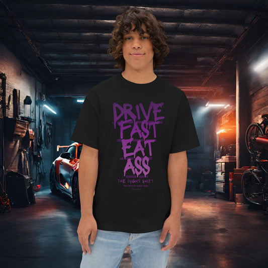 Drive Fast, Eat Ass-Premium, Ultra Soft Unisex Oversized Boxy Tee Black Printify by The Night Shift Automotive Apparel