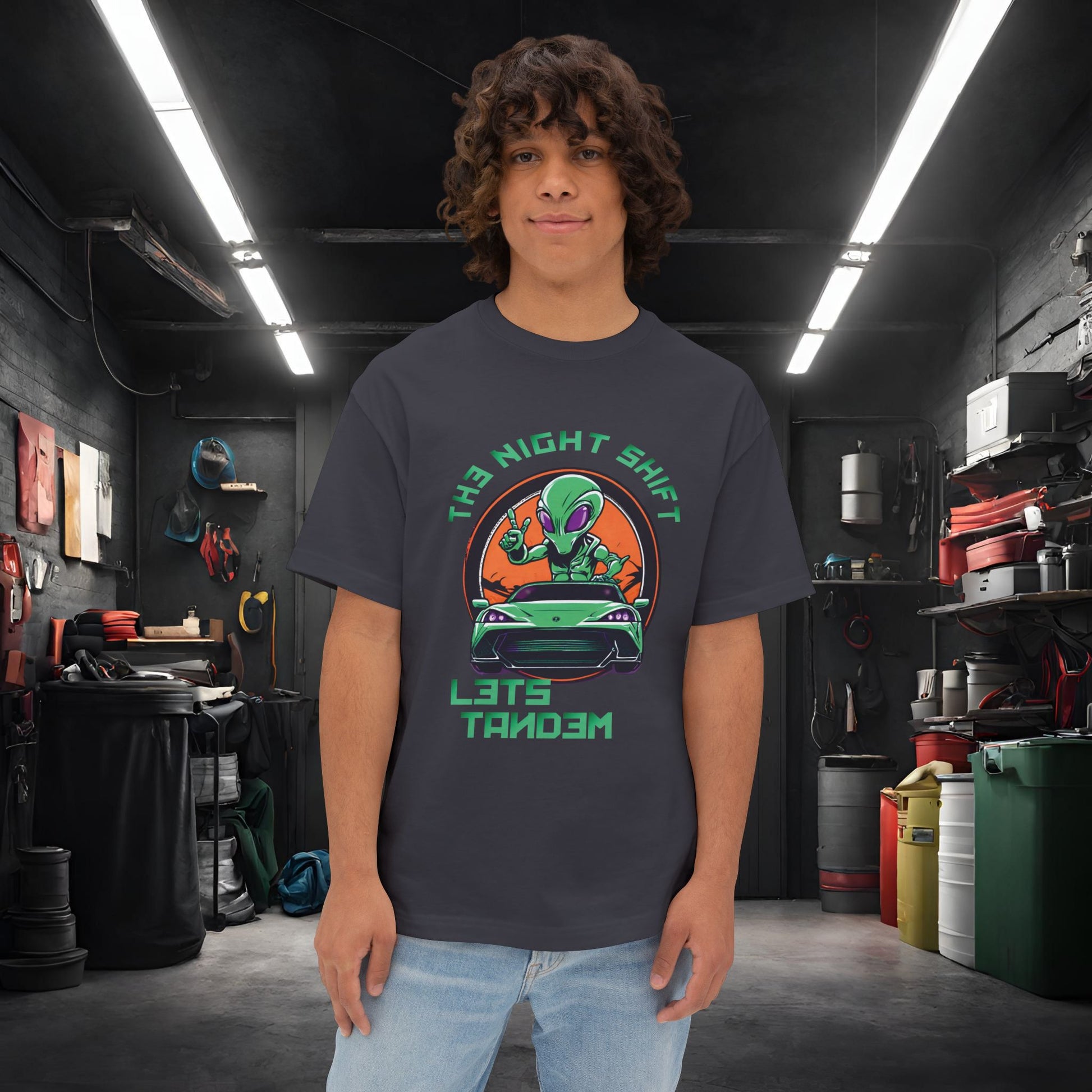 Lets Tandem Alien-Premium, Ultra Soft, Unisex Oversized Boxy Tee Dark Grey Printify by The Night Shift Automotive Apparel
