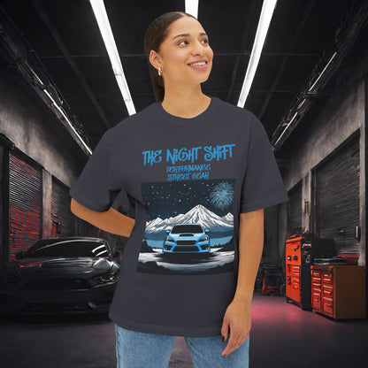 Subaru WRX Fireworks In The Mountains-Premium, Ultra Soft Unisex Oversized Boxy Tee Printify by The Night Shift Automotive Apparel
