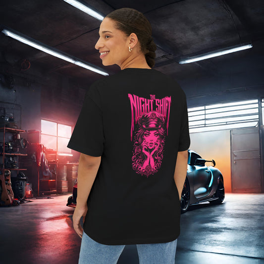 The Night Shift Promo Girl-Premium, Ultra Soft Unisex Oversized Boxy Tee Black Printify by The Night Shift Automotive Apparel