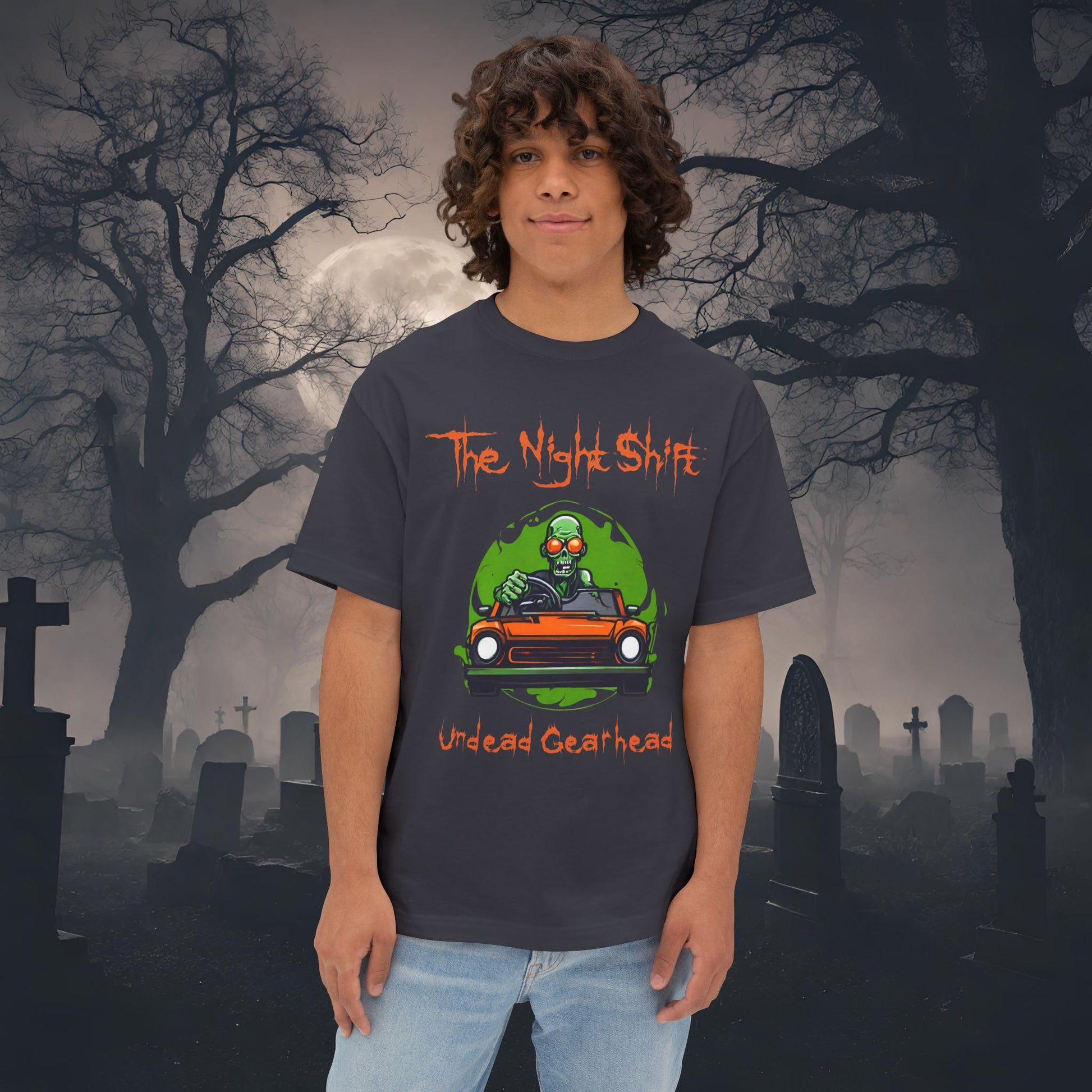 Undead Gearhead Zombie-Premium, Ultra Soft Unisex Oversized Boxy Tee Dark Grey Printify by The Night Shift Automotive Apparel