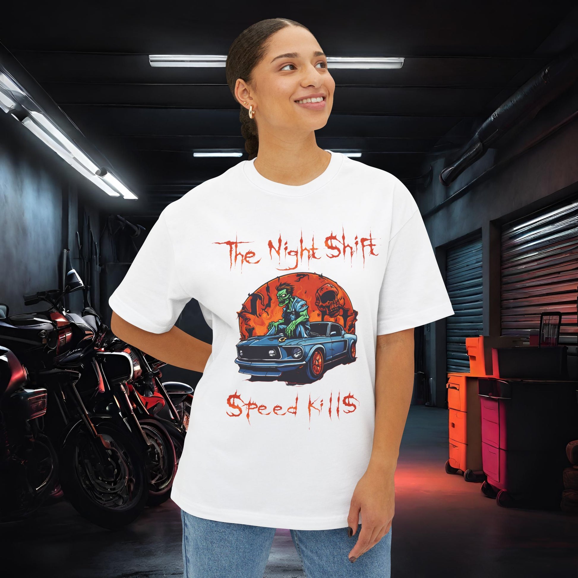 Speed Kills Zombie Mustang-Premium, Ultra Soft Unisex Oversized Boxy Tee Printify by The Night Shift Automotive Apparel